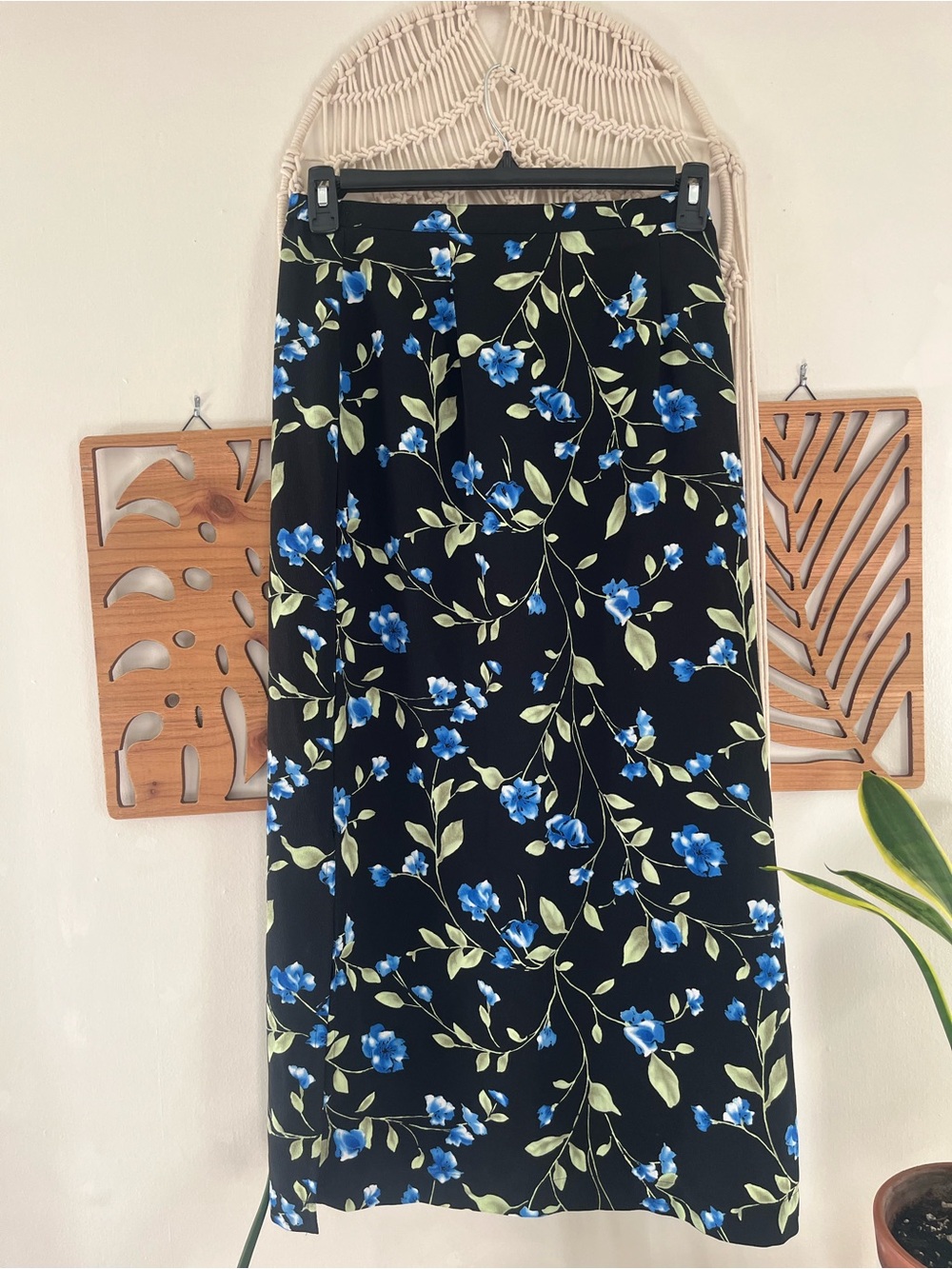 Vintage 90s Black Blue Floral Maxi Skirt Y2K Grunge Whimsigoth Fairycore